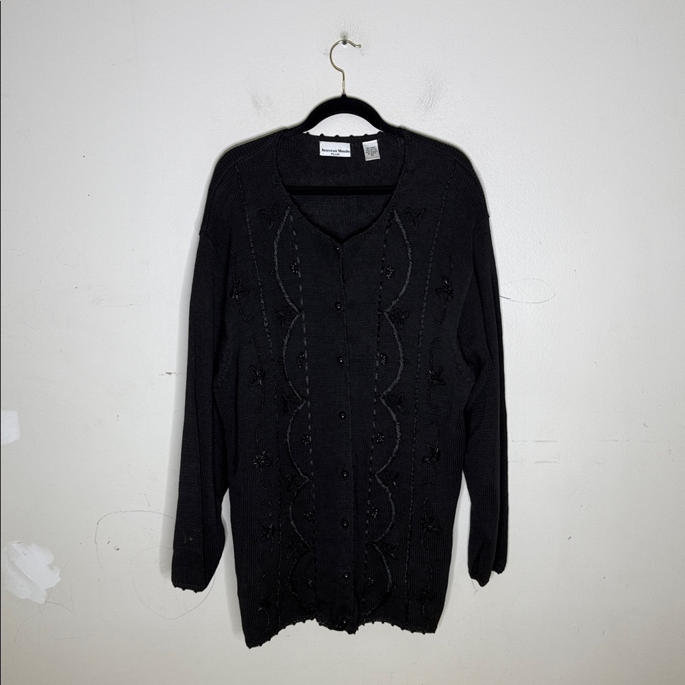Noveau Monde Black Knit Button Front Embellished Cardigan Size 3X